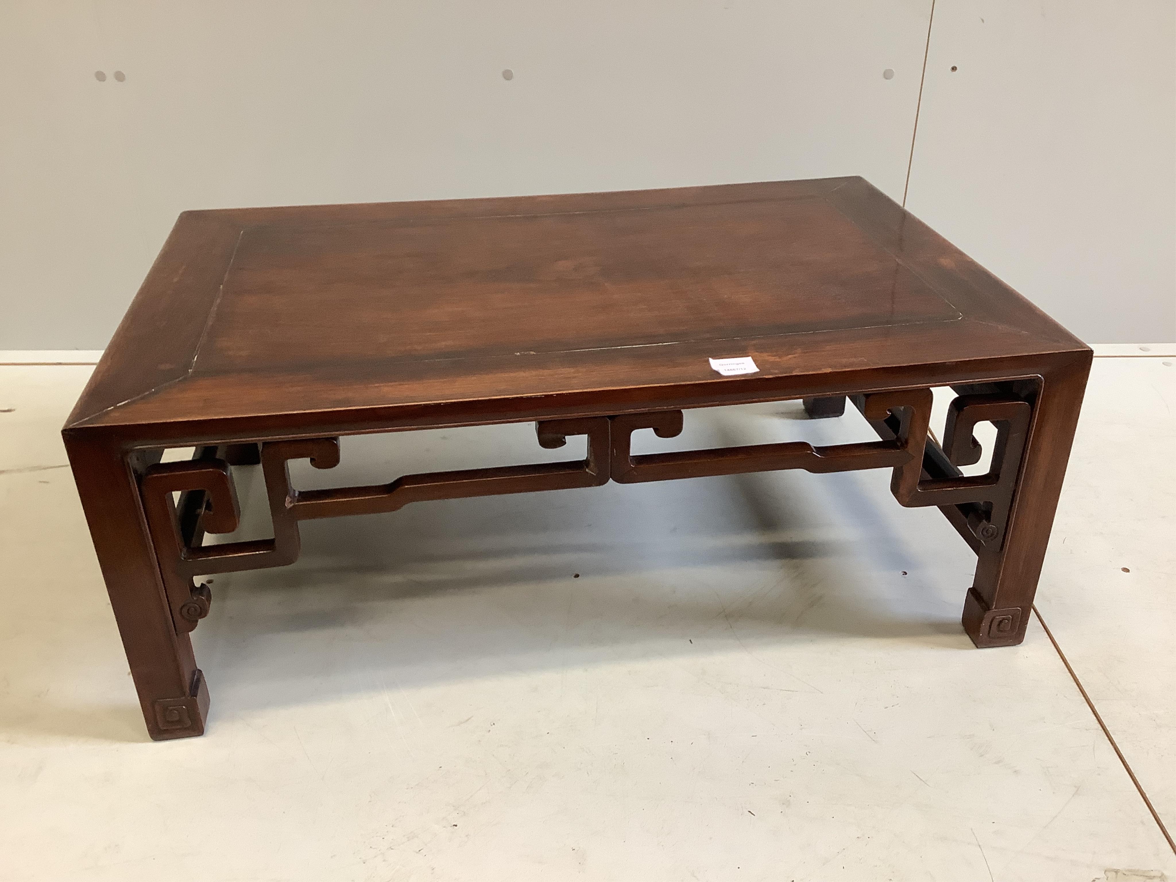A Chinese rectangular hardwood coffee table, width 91cm, depth 58cm, height 35cm. Condition - fair